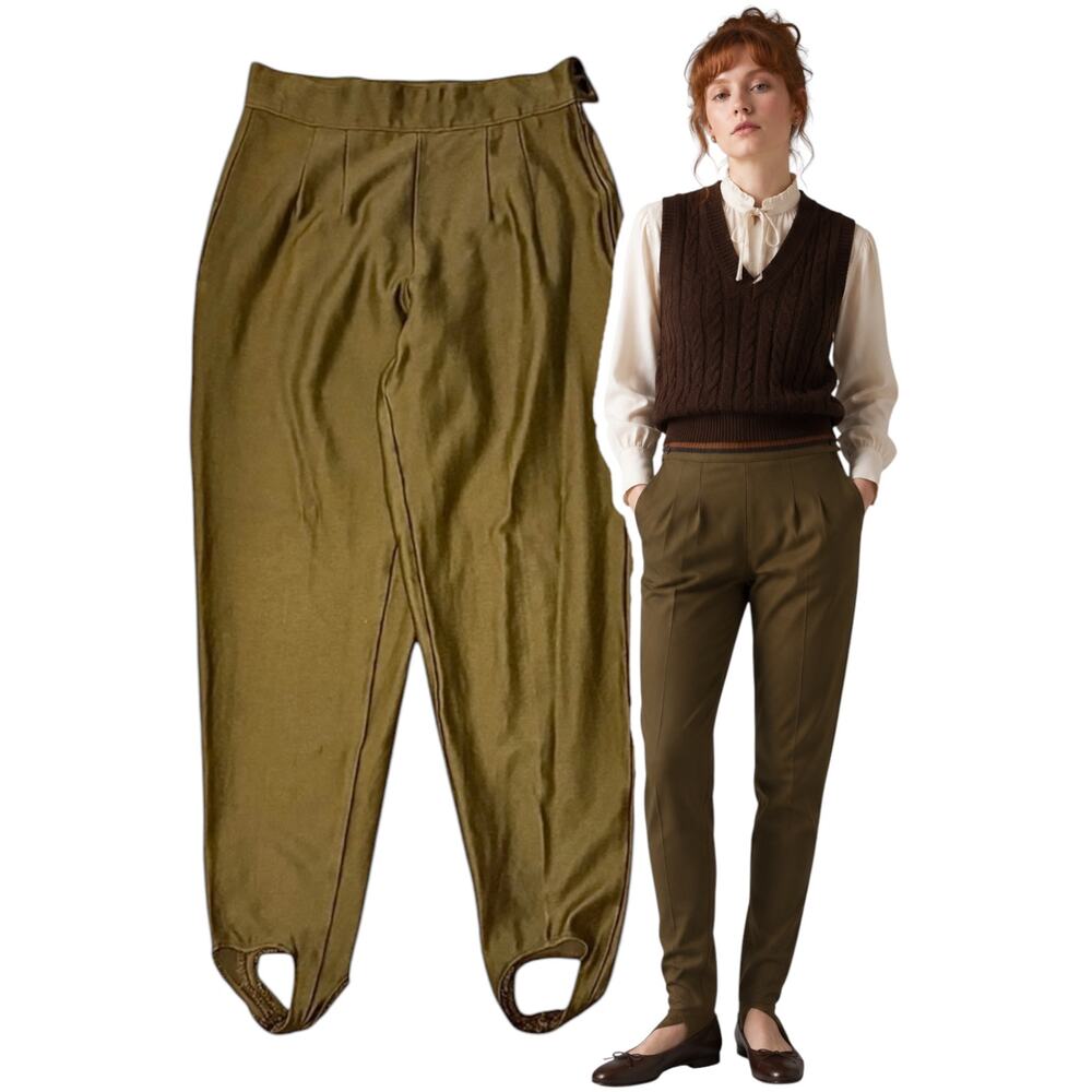 Vtg 80s Votre Nom Paris Stretch Stirrup Pants Size Small Olive Green High Waist